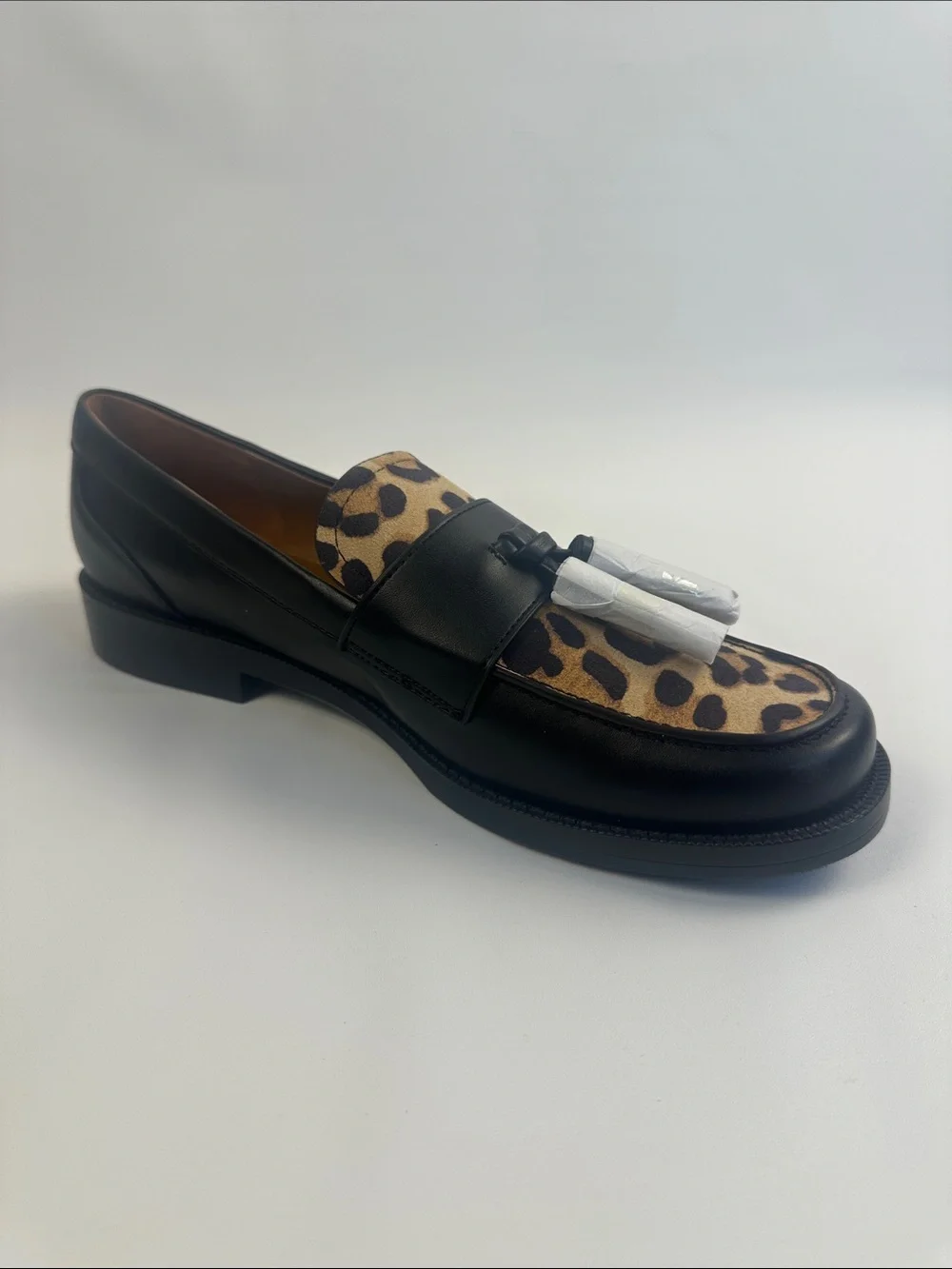 Women’s Franco Sarto Black Leather Loafers with Leopard Print Accent B121